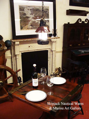 This wonderful old American-made seafaring marine anchor lantern survives with lots of nautical appeal and features an added copper shade above the lamp’s Fresnel lens for additional protection from the elements. This wonderful old American-made seafaring marine anchor lantern survives with lots of nautical appeal and features an added copper shade above the lamp’s Fresnel lens for additional protection from the elements.