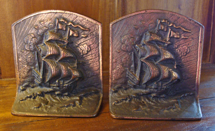 Vintage Bronzed Copper Sailing Ship bookends, Bronze Met