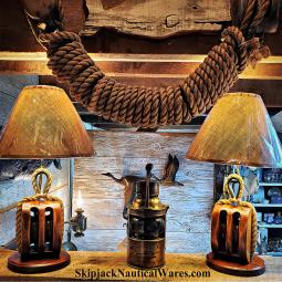 Pair of Vintage Matching Ship's Block Nautical Table Lamps