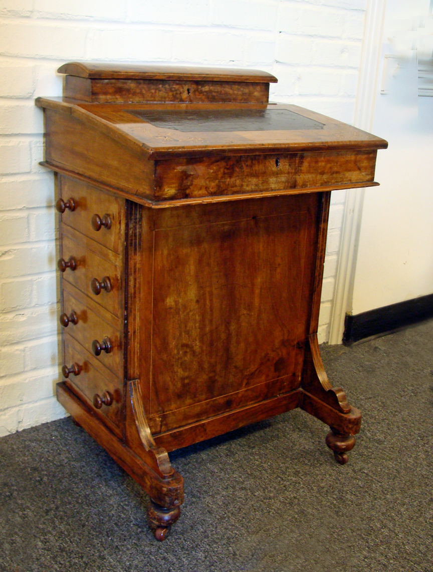 Mid 19th Century Victorian Inlaid Walnut Davenport Desk Skipjack