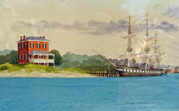 Fort Norfolk from the Elizabeth River, Original Watercolor Painting by J Robert Burnell ASMA, closeup of a docked ship
