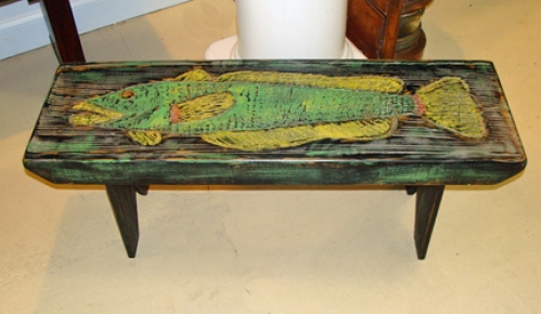 Folky Fish Bench carved and painted folk art by Joe Marinelli