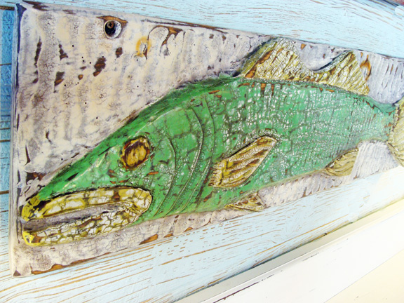 Relief Carved Wood Folk Fish Sign by Joe Marinelli