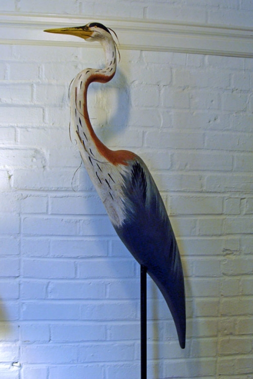 "Great Blue Heron" folk art carving by J & P Johnson -- height 57"