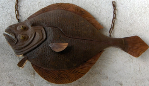 "Flounder Trade Sign" folk art carving by J & P Johnson -- length 36"