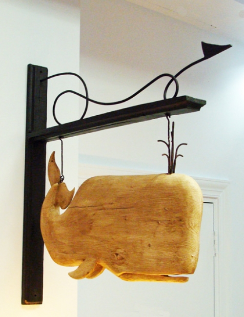 "Sign of the Whale Trade sign" folk art carving by J & P Johnson -- length 31"