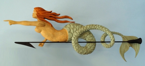 "Mermaid on Harpoon" folk art carving by J & P Johnson -- length 42"