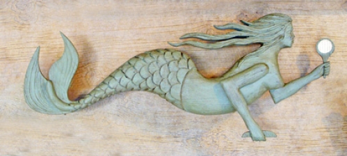 "Primitive Mermaid" folk art carving by J & P Johnson -- length 33"