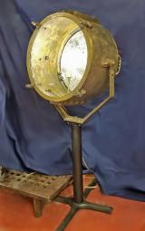 Authentic brass ship's searchlight on stand, glass diam. 20"