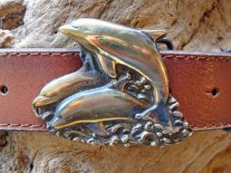 Dolphin belt buckle; solid brass, antique finish