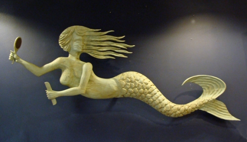 "Swimming Mermaid" folk art carving by J & P Johnson -- length 50"
