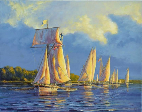 "Oars and Sails: The Chesapeake Flotilla at Dawn, 1814" original oil painting by P. Rindlisbacher