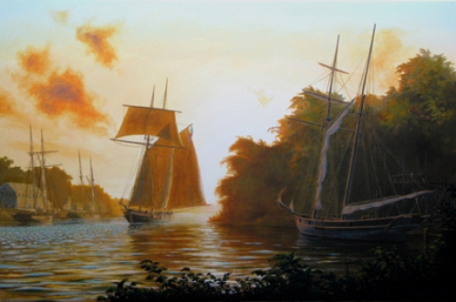 "Schooners at Dawn" original oil painting by Peter Rindlisbacher