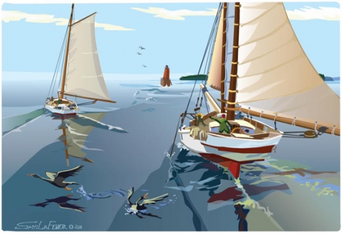 "Skipjacks Sailing Bloody Point, Chesapeake Bay" Digital Serigraph Print by Sam LaFever