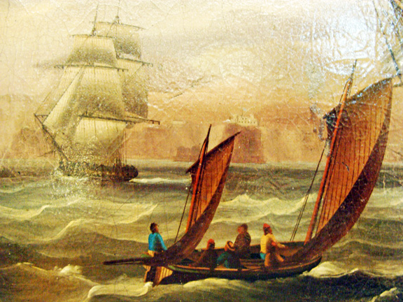 British Ship of the Line Sailing Off the Coast of Saint Helena,  Attributed to Thomas Buttersworth, closeup of British Brig and Jolly Boat