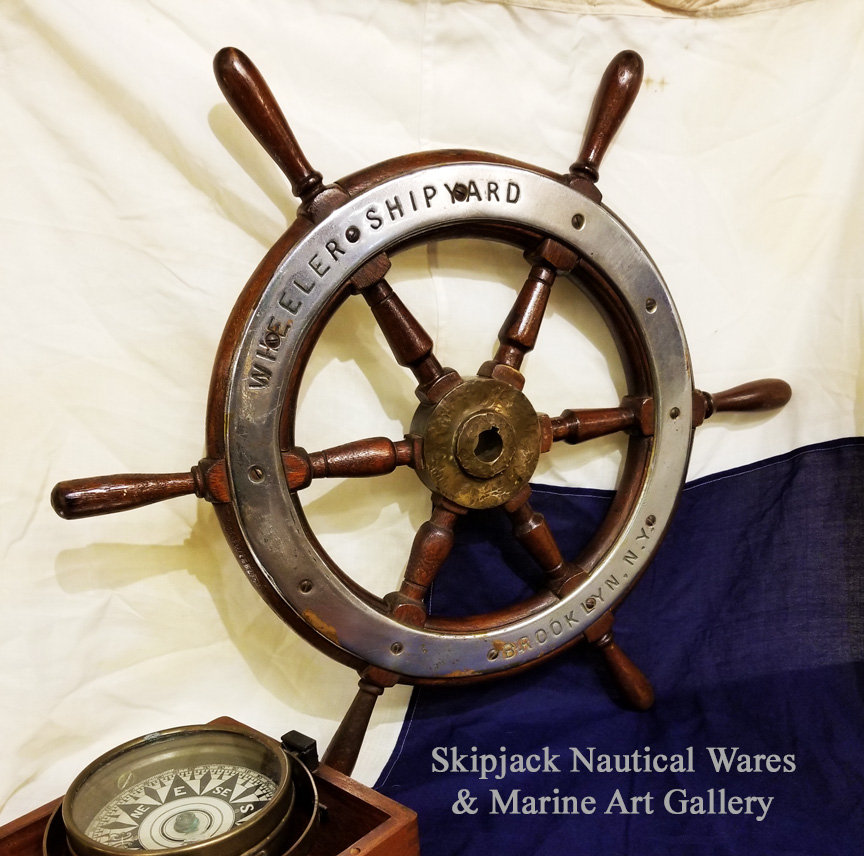 1930's Wheeler Ship Yard Motor Yacht Helm's Wheel, Brooklyn NY 25" diam. Skipjack Nautical Wares