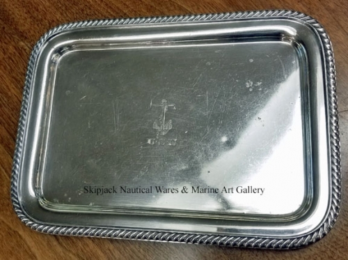 Silverplate U.S. Navy wardroom serving tray, 12 1/8" x 8-7/8", engraved with "U.S.N" and the fouled 