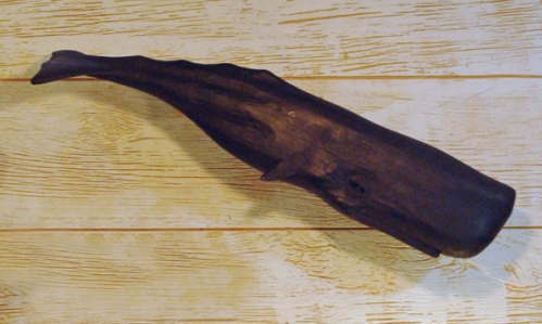 "Small Leaping Black Whale" folk art carving by J & P Johnson -- length 30"