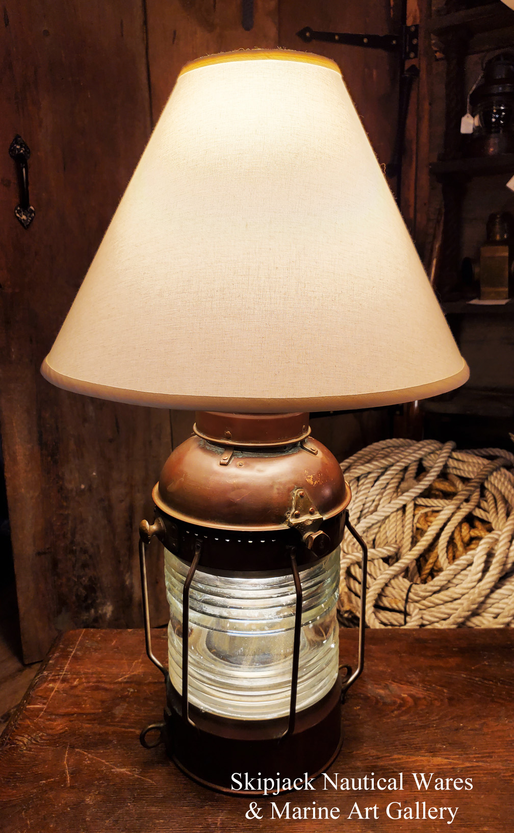 Large Brass Anchor Lantern Table Lamp, Vintage Large Brass Table Lamp