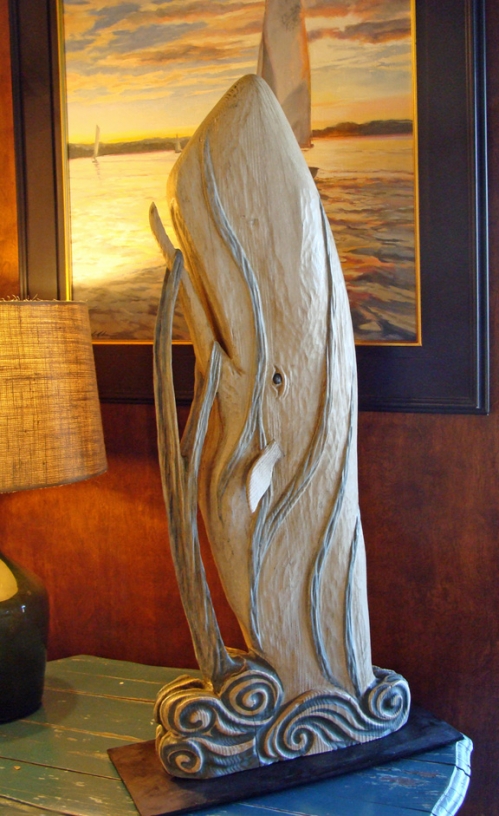 "Breaching Whale" folk art carving by J & P Johnson -- height 36"