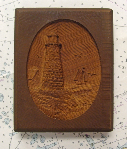 Relief Carved Wood Block Lighthouse Sailboat