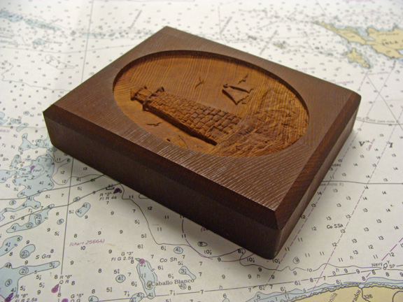 Relief Carved Wood Block Lighthouse Sailboat, side view