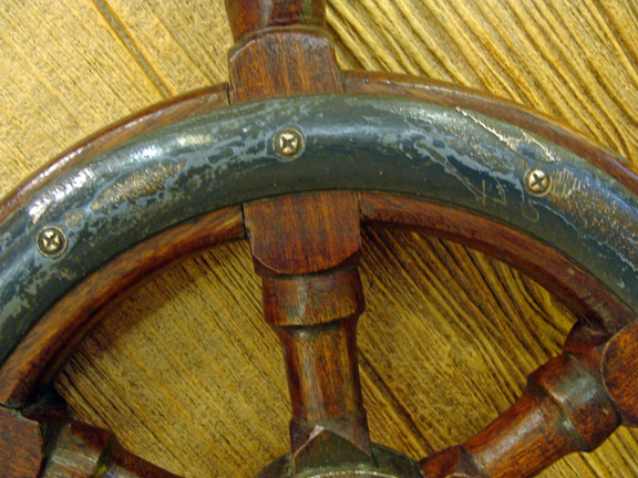 close-up view of the Classic Mahogany Motor Yacht Wheel