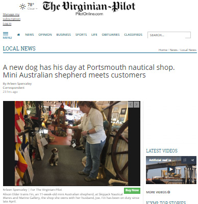 Fin in the news, Virginian Pilot, May 18, 2017, Skipjack Nautical Wares shop puppy