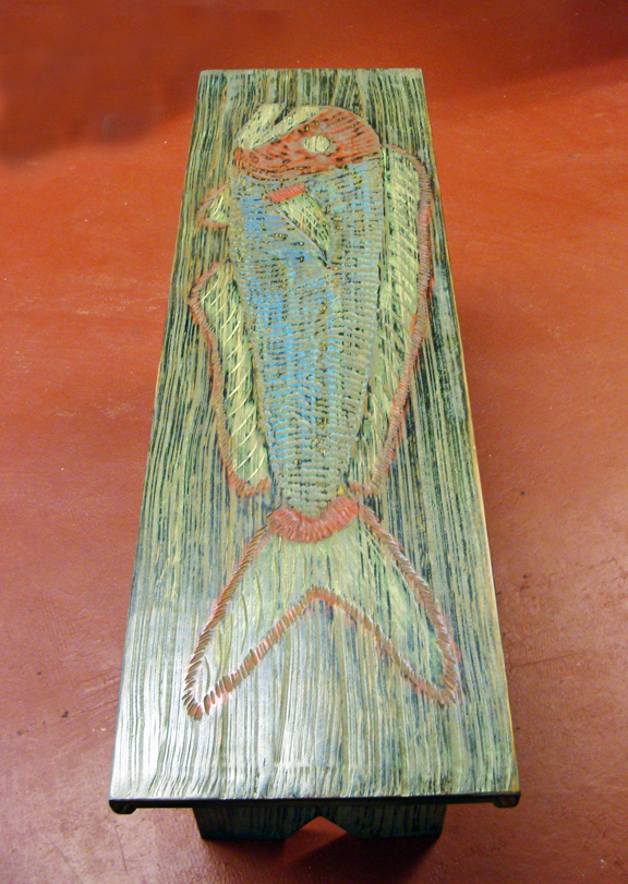 Large Mouth Bass Folky Fish Art Bench by Joe Marinelli, top and side view