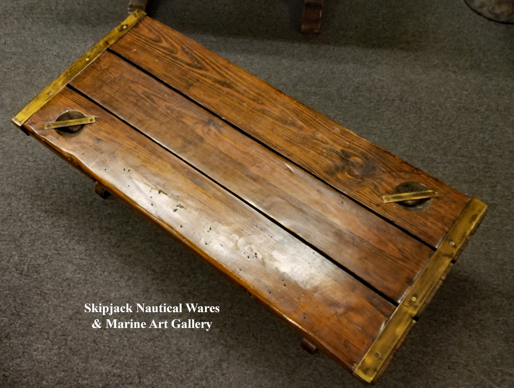 Wwii Us Navy Liberty Ship Hatch Cover Coffee Table Skipjack An Authentic Wwii Liberty Ship Hatch Cover Re Purposed Into A Nautical Coffee Table Features Thick Yellow Pine Board Top With Wide Metal Banded Ends In