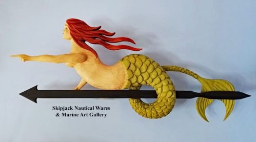 "Mermaid on Arrow" folk art carving by J & P Johnson -- length 40"
