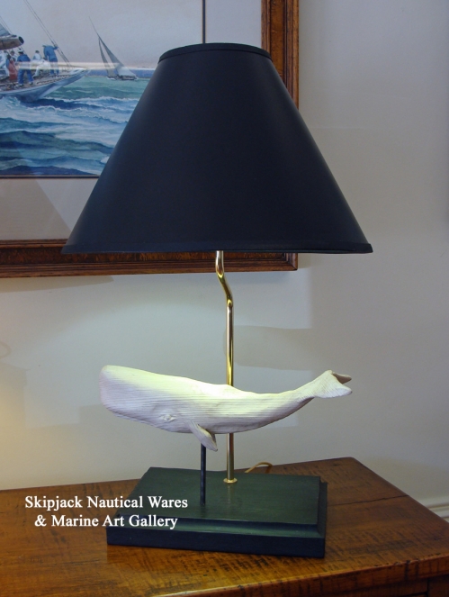 "White Whale Table Lamp" folk art carving by J & P Johnson -- lamp height 23"