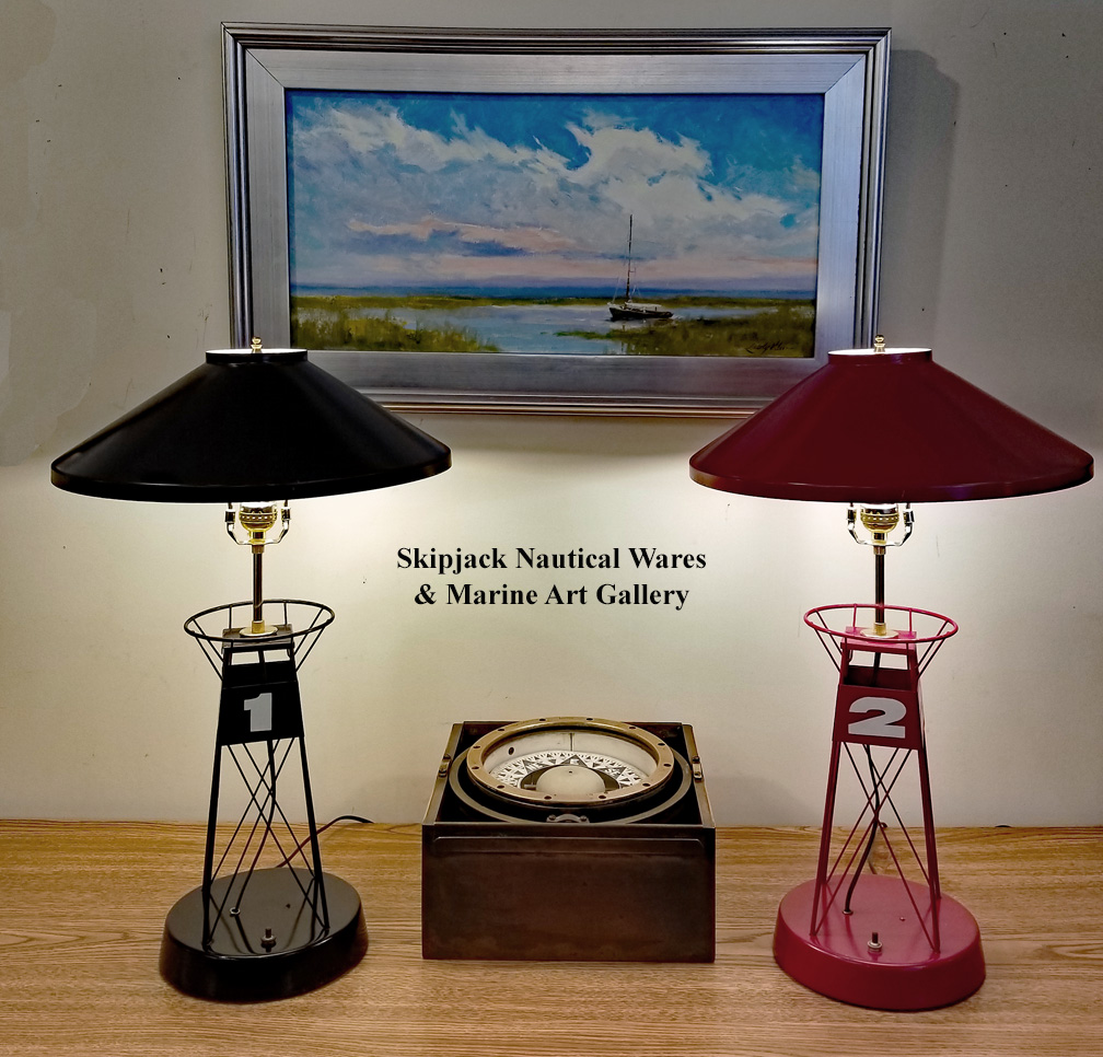 Vintage Replica Channel Marker Buoy Nautical Table Lamps Skipjack Pair Of Vintage Painted Metal Nautical Table Lamps Designed After Channel Marker Buoys Red And Black Designated 1 2 Stands 22 In