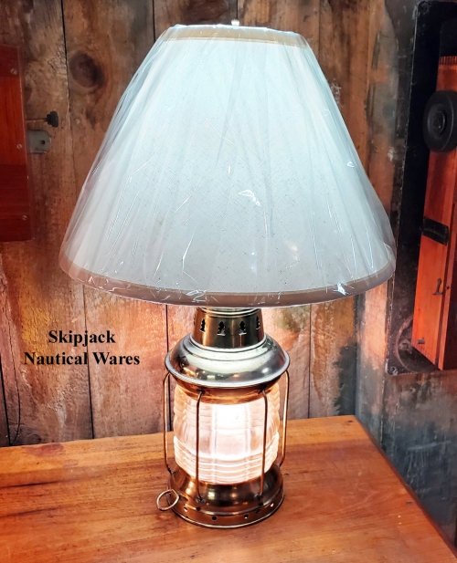 Nautical Table Lamp- Early 20th Century Brass Anchor Lantern With Triplex Lens