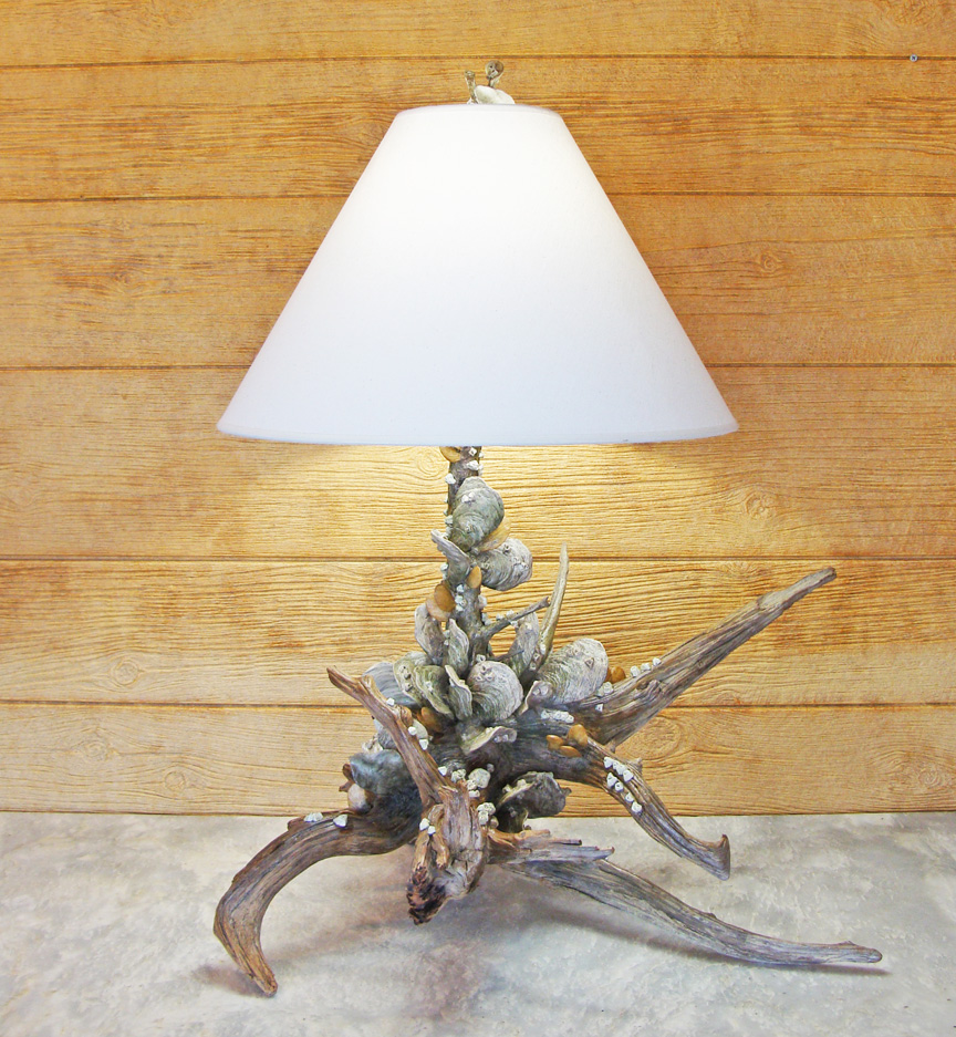 Cedar Driftwood & Porcelain Shell Sculpture Table Lamp: Skipjack Click here for enlarged view. Cedar Driftwood & Porcelain Shell Sculpture Table Lamp - Cedar Driftwood & Porcelain Shell Sculpture Table Lamp: Skipjack