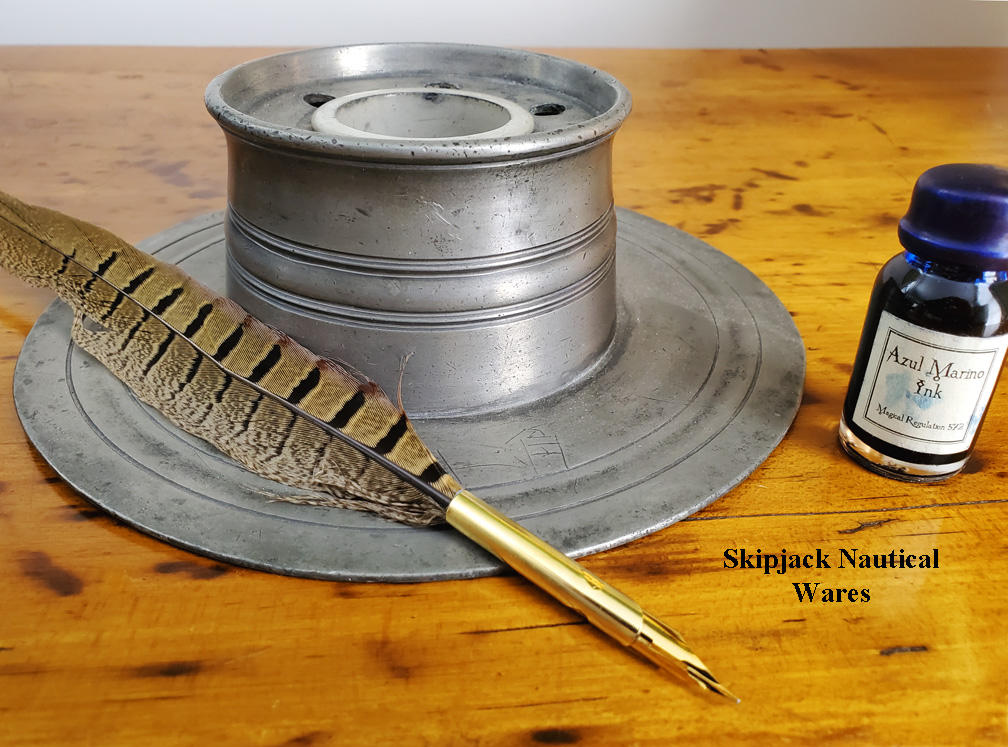 19th Century Ship's Captain Pewter Inkwell with Feather Pen Skipjack