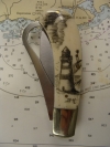  Bone Handled Scrimshaw Hunting/ Fishing knife with Scrimshaw Whaling Scene and Lighthouse by Shar Knight, open