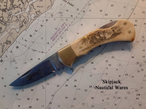 Scrimshaw Bone Handled Knife With Ship & Lighthouse Scene.