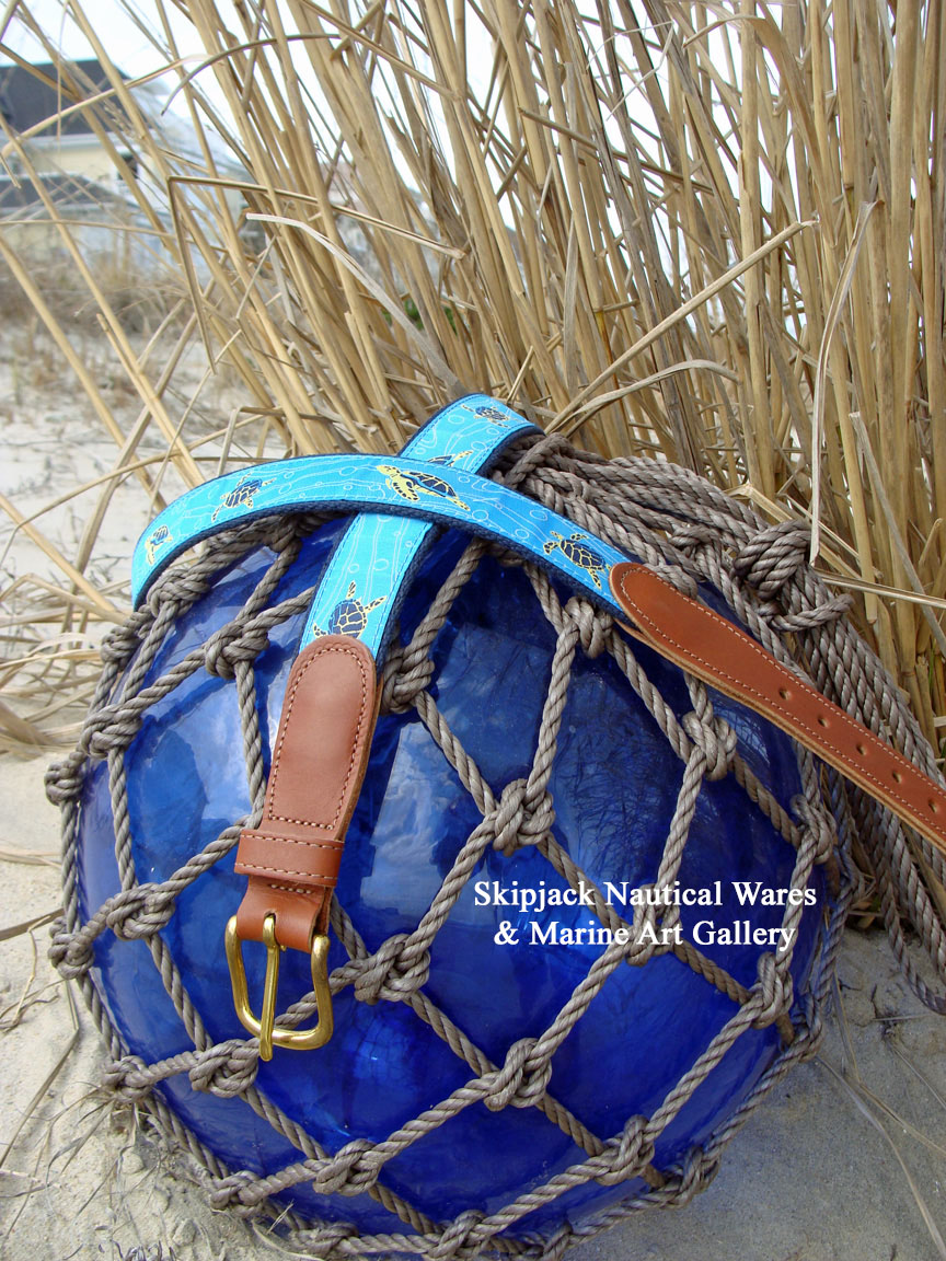 Sea Turtle Coastal Blue Ribbon Belt with Leather Tabs Skipjack