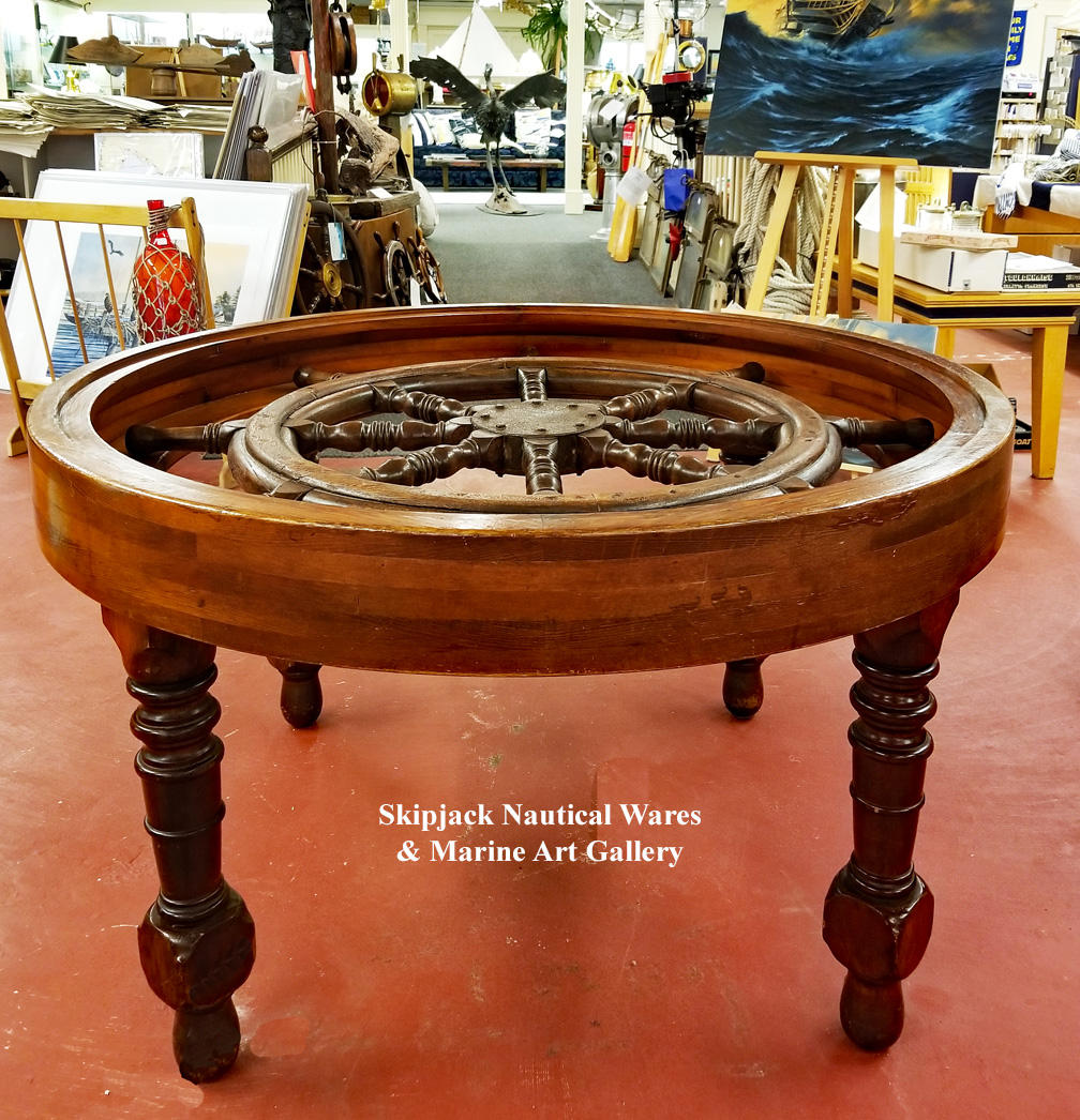 Nautical Ship's Wheel Dining Gaming Table: Skipjack Nautical Wares A vintage custom-made round dining or gaming table constructed of pine for displaying a ship's . - Nautical Ship's Wheel Dining Gaming Table: Skipjack Nautical Wares