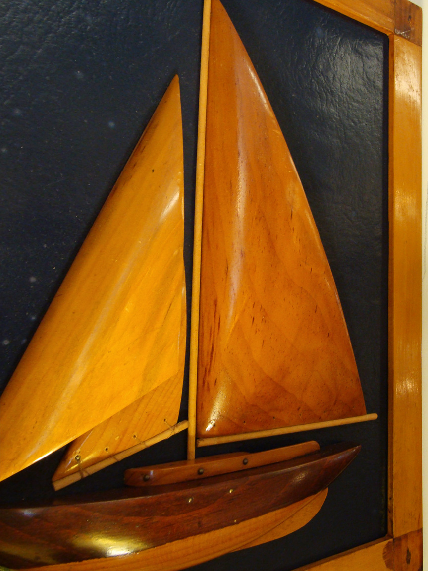 Mid 20th Century Carved Wood Sloop Half Hull With Wooden Sails Mid 20th Century Carved Wood Sloop Half Hull With Wooden Sails