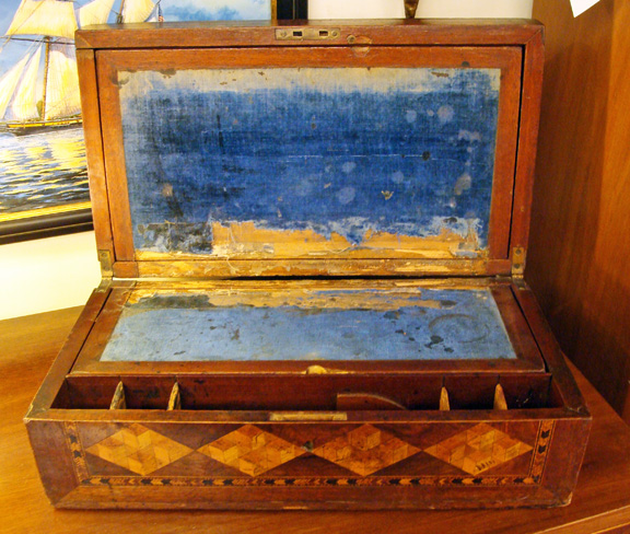 Trinity Lighthouse Inlaid Box Writing Desk Parquetry With Crossed Royal Navy Ensign Flags