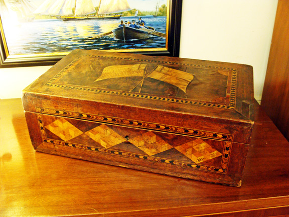 Trinity Lighthouse Inlaid Box Writing Desk Parquetry With Crossed Royal Navy Ensign Flags