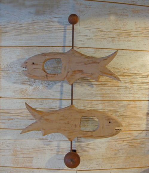 "Two Fish" folk art carving by J & P Johnson -- height 28"