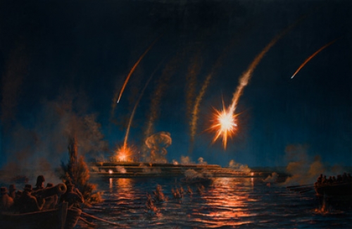 "Perilous Night: Naval Attack on Fort McHenry" original oil painting by Peter Rindlisbacher