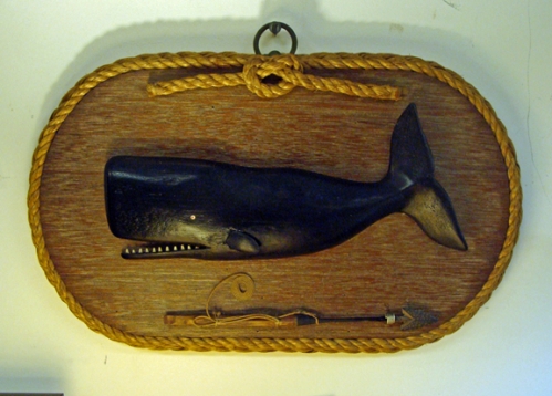 Folk Art Black Whale Whaling Plaque With Harpoon