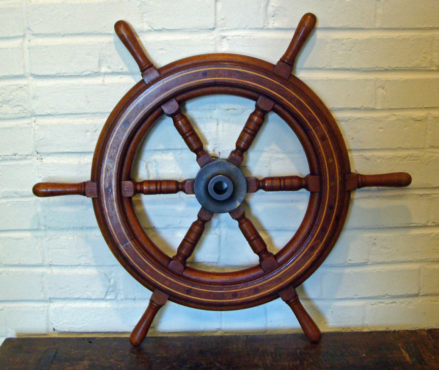 Mahogany Inlaid Yacht Wheel 28" diam. Skipjack Nautical Wares