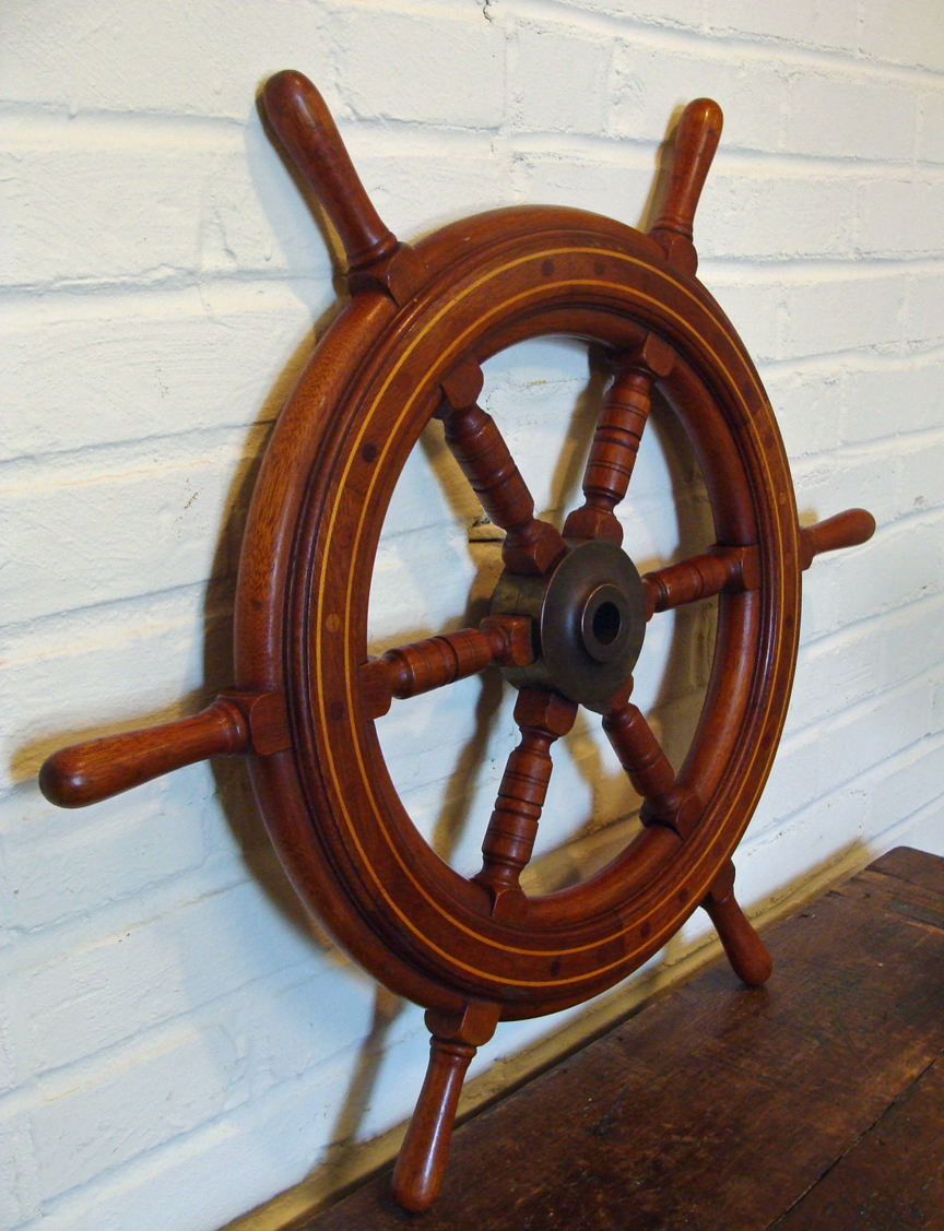 Mahogany Inlaid Yacht Wheel 28" diam. Skipjack Nautical Wares