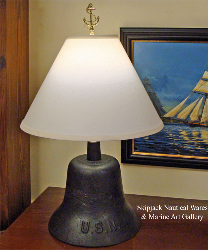 Mid-Century Nautical Ship Wheel and Bell Lamp, Signed With Whaling