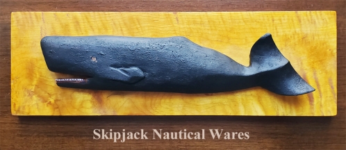 Carved Wood Black Painted Sperm Whale on Tiger Maple Backboard